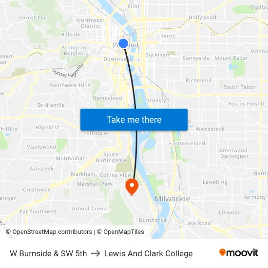 W Burnside & SW 5th to Lewis And Clark College map