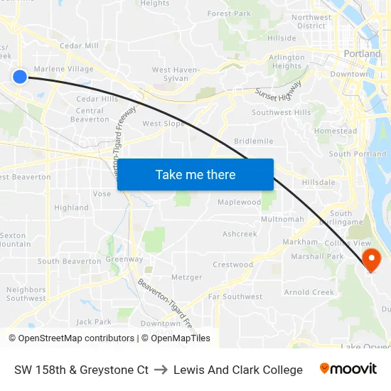 SW 158th & Greystone Ct to Lewis And Clark College map