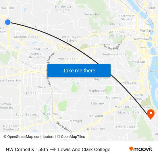 NW Cornell & 158th to Lewis And Clark College map