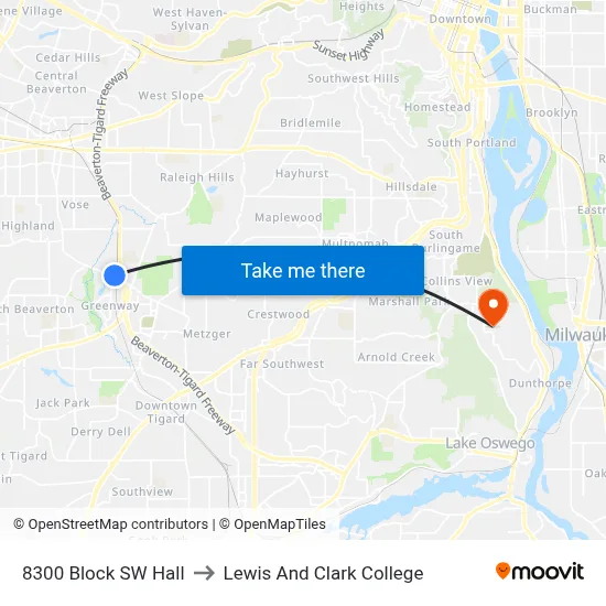 8300 Block SW Hall to Lewis And Clark College map