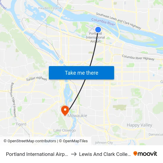 Portland International Airport to Lewis And Clark College map