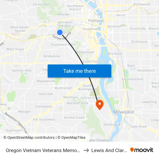 Oregon Vietnam Veterans Memorial (Southbound) to Lewis And Clark College map