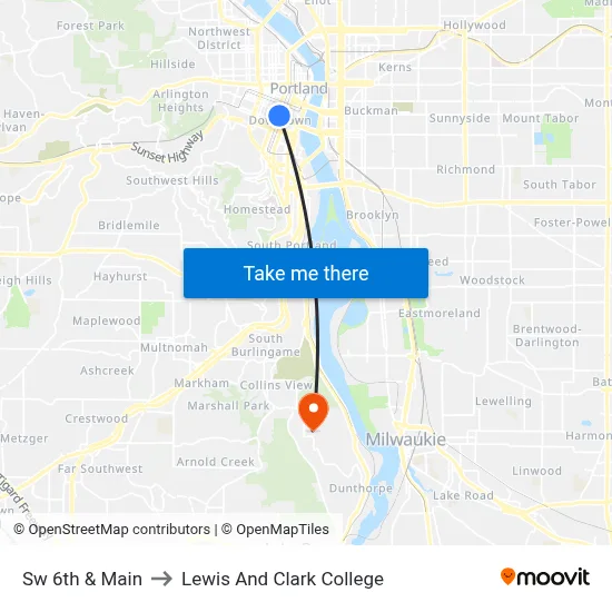 Sw 6th & Main to Lewis And Clark College map