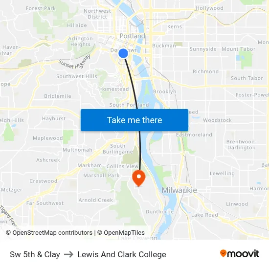 Sw 5th & Clay to Lewis And Clark College map