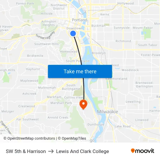 SW 5th & Harrison to Lewis And Clark College map