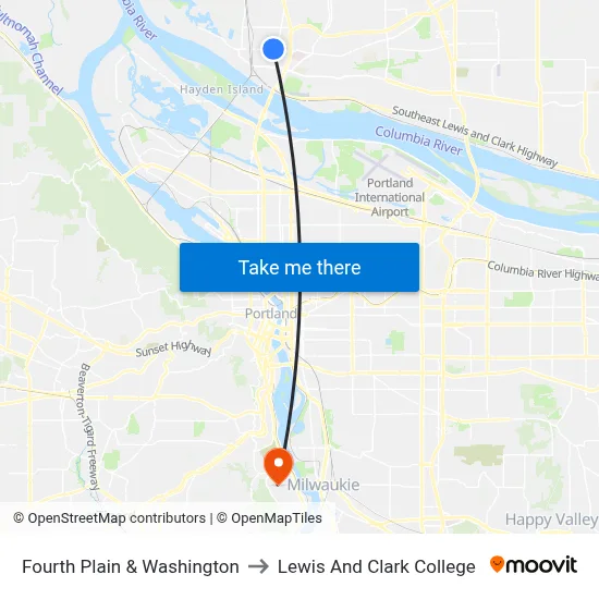 Fourth Plain & Washington to Lewis And Clark College map