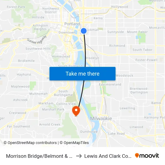 Morrison Bridge/Belmont & Grand to Lewis And Clark College map