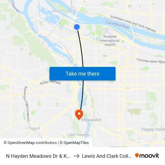 N Hayden Meadows Dr & Kerby to Lewis And Clark College map