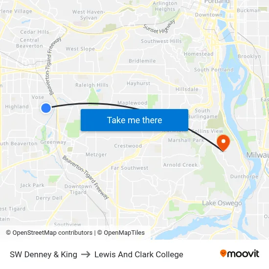 SW Denney & King to Lewis And Clark College map