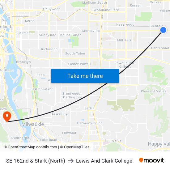 SE 162nd & Stark (North) to Lewis And Clark College map