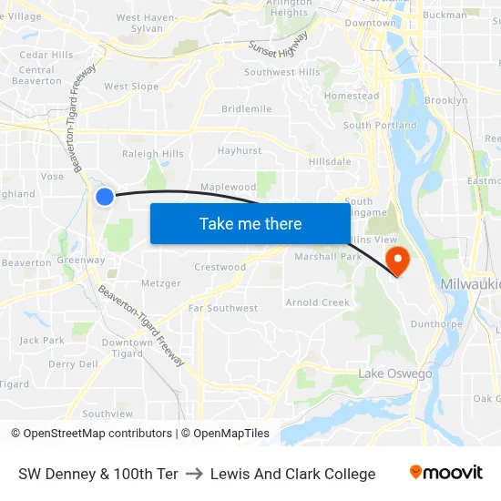 SW Denney & 100th Ter to Lewis And Clark College map