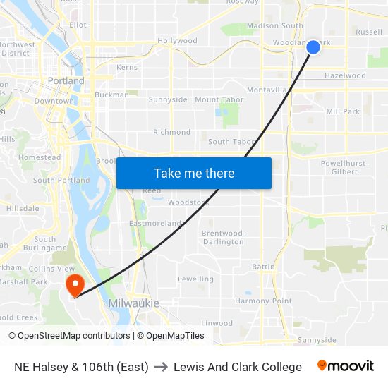 NE Halsey & 106th (East) to Lewis And Clark College map