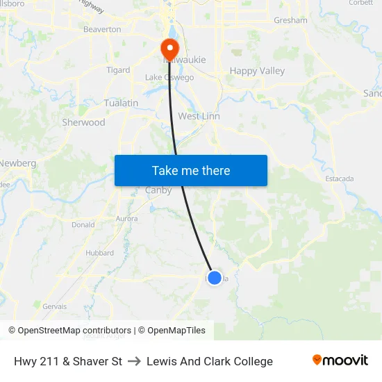 Hwy 211 & Shaver St to Lewis And Clark College map