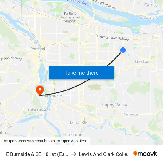 E Burnside & SE 181st to Lewis And Clark College map