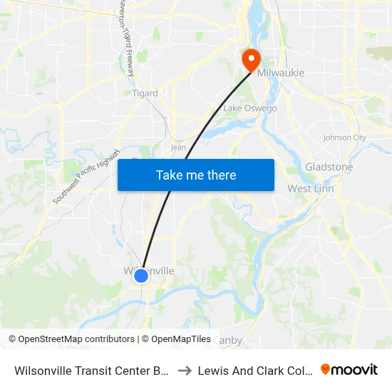 Wilsonville Transit Center Bay 10 to Lewis And Clark College map