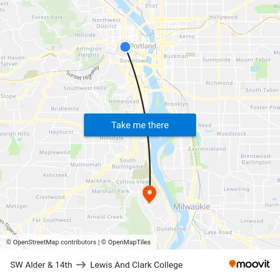 SW Alder & 14th to Lewis And Clark College map