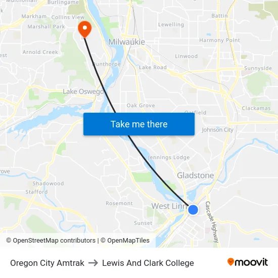 Oregon City Amtrak to Lewis And Clark College map