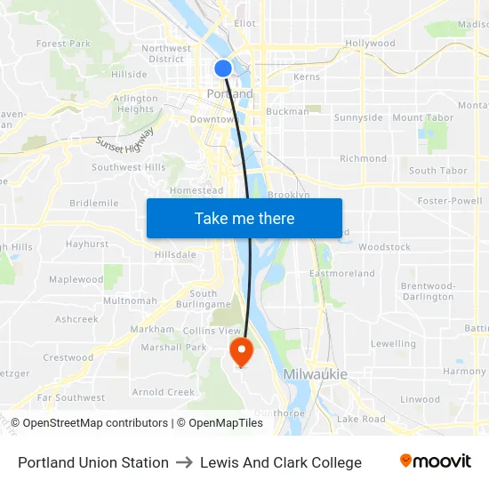 Portland Union Station to Lewis And Clark College map