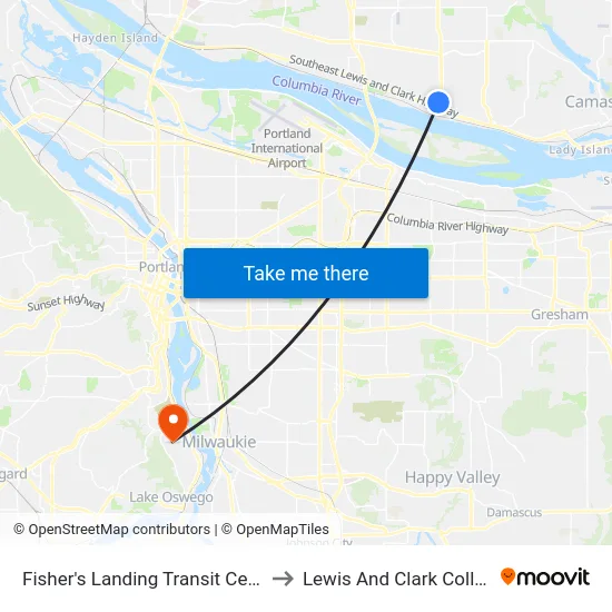 Fisher's Landing Transit Center to Lewis And Clark College map