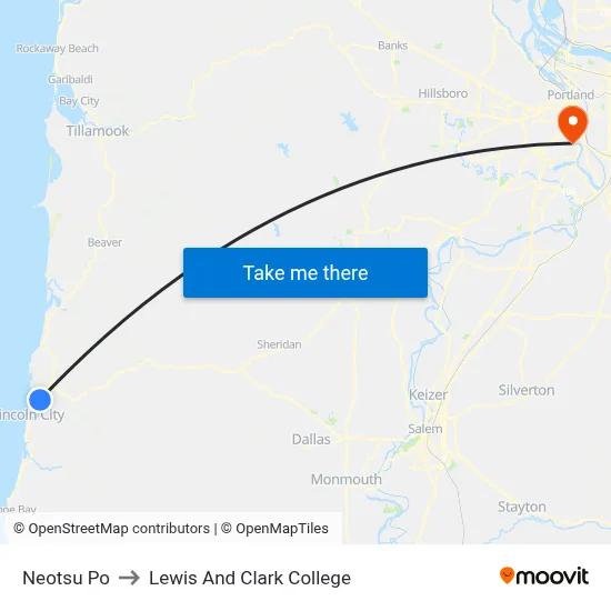 Neotsu Po to Lewis And Clark College map
