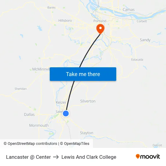 Lancaster @ Center to Lewis And Clark College map