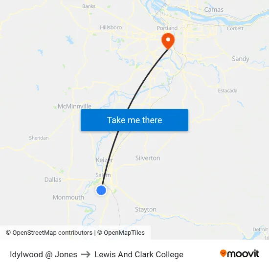 Idylwood @ Jones to Lewis And Clark College map