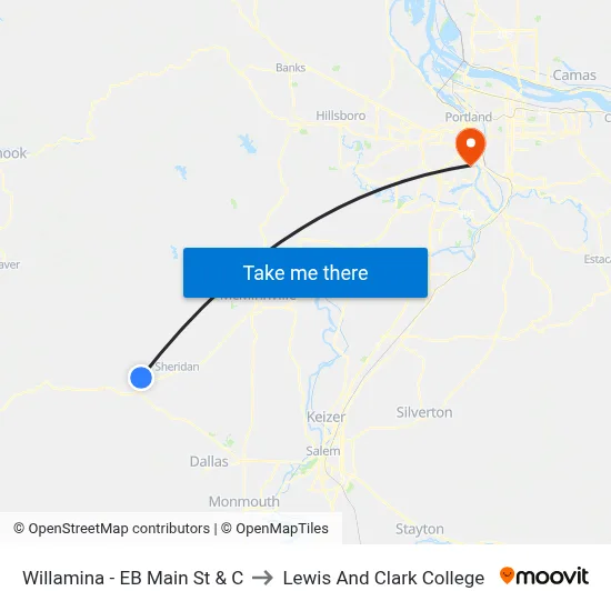 Willamina - EB Main St & C to Lewis And Clark College map