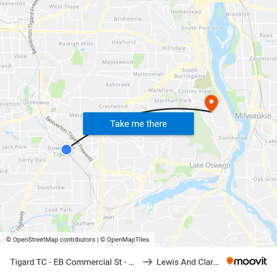 Tigard TC - EB Commercial St - Ballroom Studio to Lewis And Clark College map