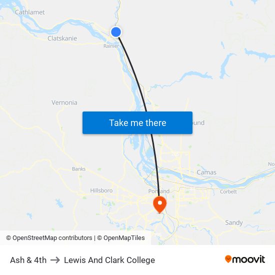 Ash & 4th to Lewis And Clark College map