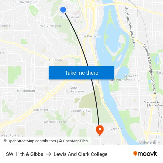 SW 11th & Gibbs to Lewis And Clark College map