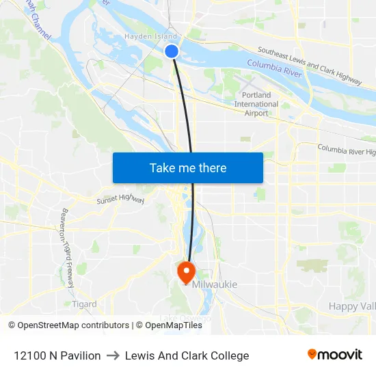 12100 N Pavilion to Lewis And Clark College map