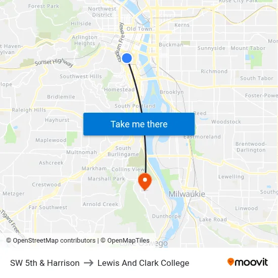 SW 5th & Harrison to Lewis And Clark College map