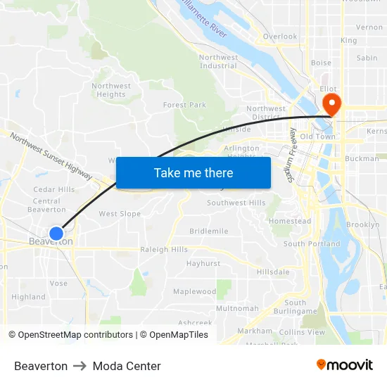 Beaverton to Moda Center map