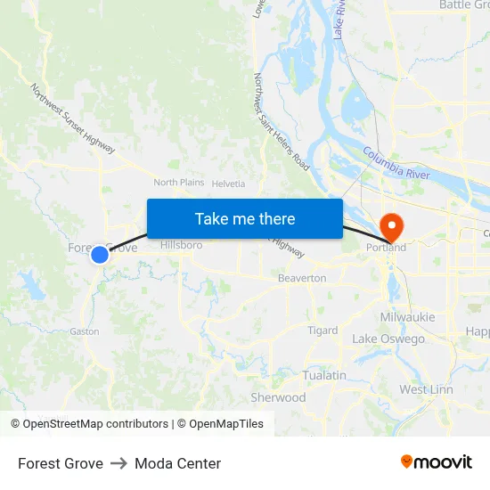 Forest Grove to Moda Center map
