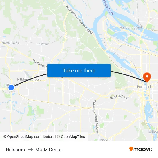 Hillsboro to Moda Center map