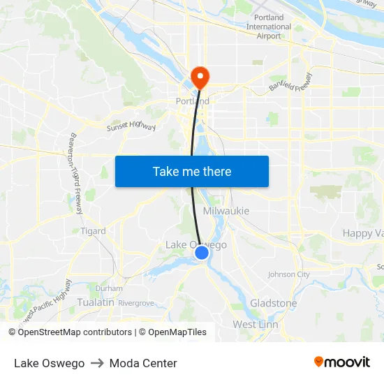 Lake Oswego to Moda Center map