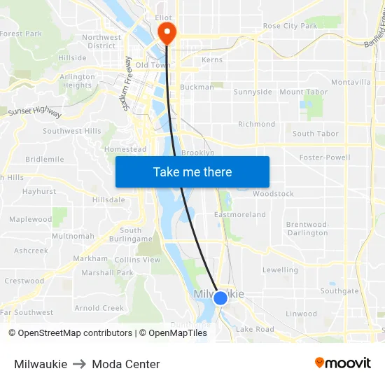 Milwaukie to Moda Center map