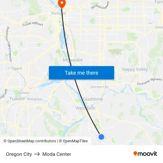 Oregon City to Moda Center map