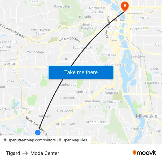 Tigard to Moda Center map