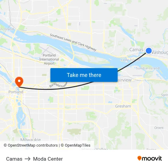 Camas to Moda Center map