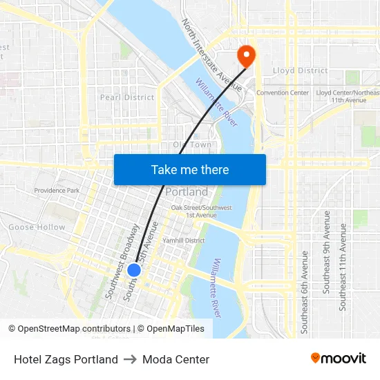 Hotel Zags Portland to Moda Center map
