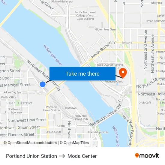 Portland Union Station to Moda Center map