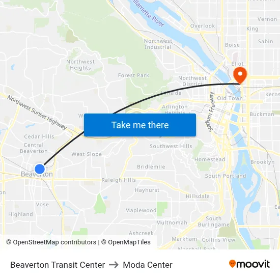 Beaverton Transit Center to Moda Center map