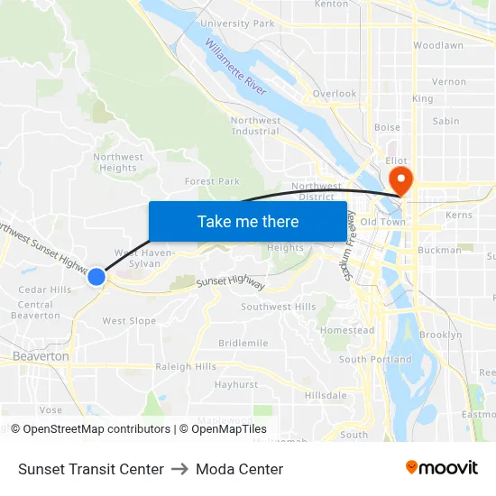 Sunset Transit Center to Moda Center map