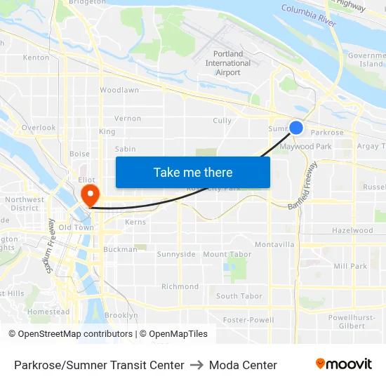 Parkrose/Sumner Transit Center to Moda Center map