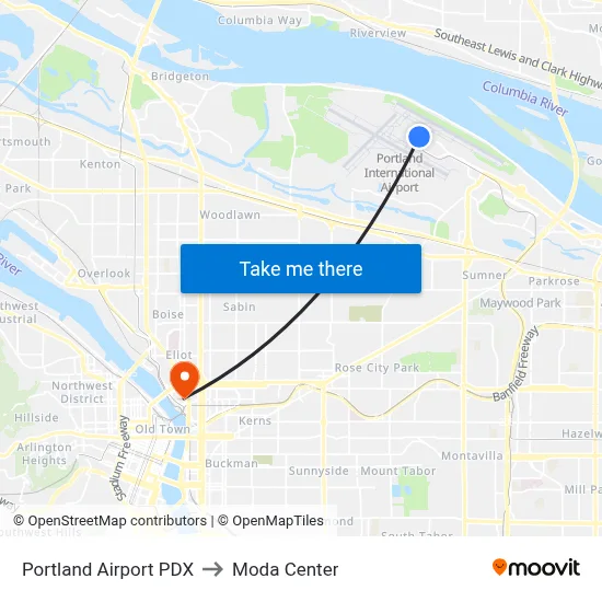 Portland Airport PDX to Moda Center map