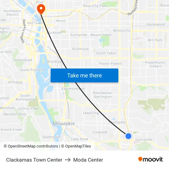 Clackamas Town Center to Moda Center map