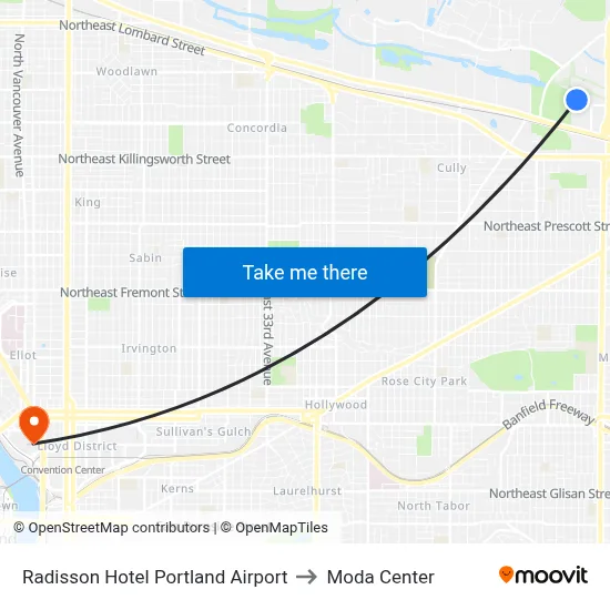 Radisson Hotel Portland Airport to Moda Center map