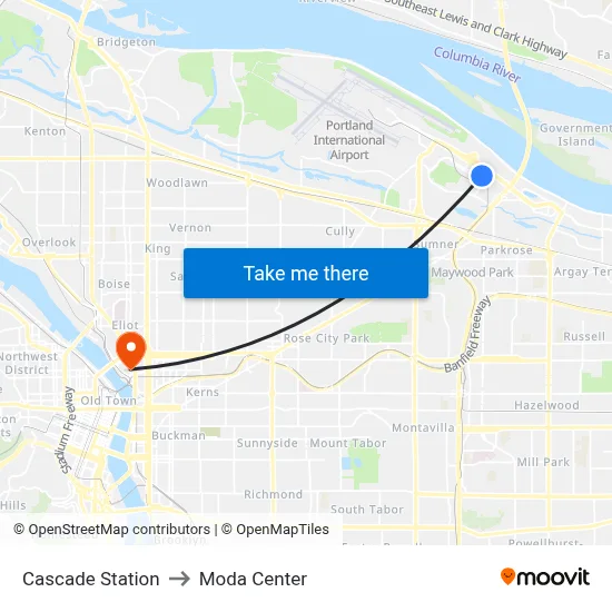 Cascade Station to Moda Center map