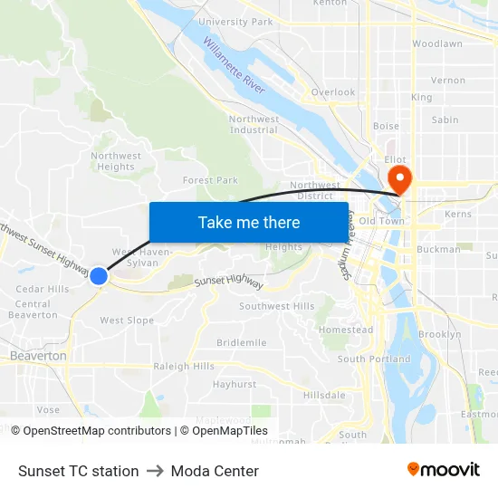 Sunset TC station to Moda Center map